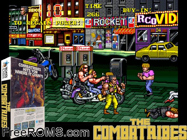 The Combatribes (US) MAME game showing 3D box cover and gameplay screenshot