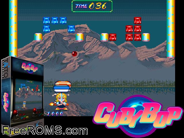 Cuby Bop (Location Test) MAME game showing 3D box cover and gameplay screenshot