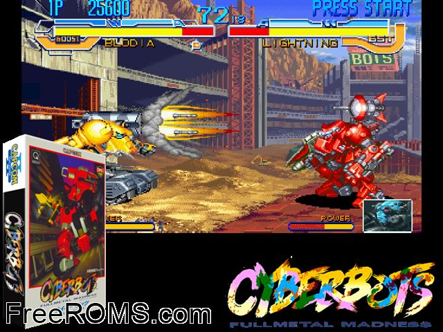Cyberbots: Fullmetal Madness (Japan 950420) MAME game showing 3D box cover and gameplay screenshot