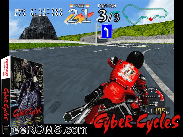 Cyber Cycles (Rev. CB2 Ver.C) MAME game showing 3D box cover and gameplay screenshot