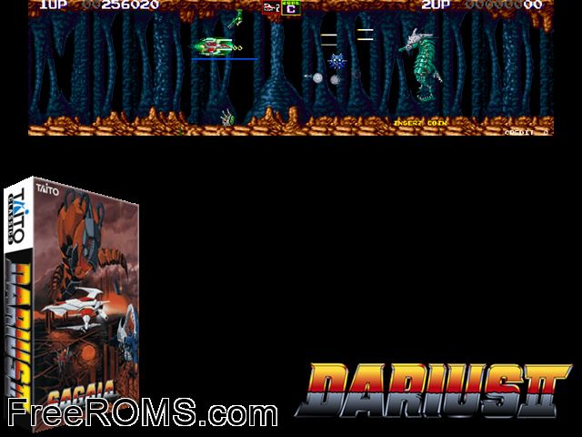 Darius II (dual screen) (Japan) MAME game showing 3D box cover and gameplay screenshot