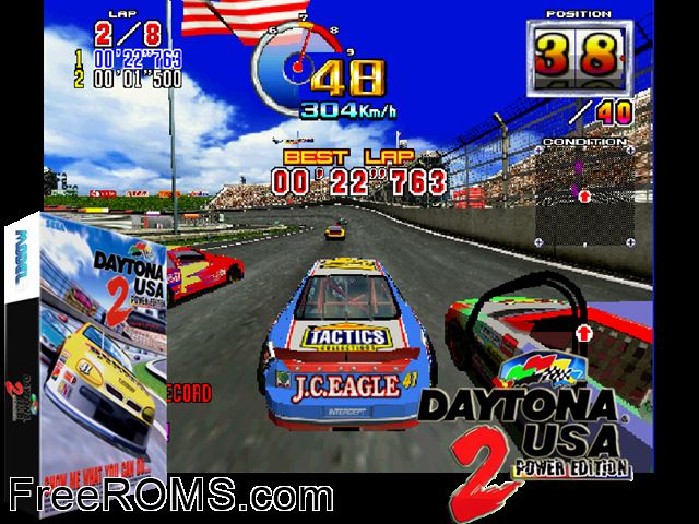 Daytona USA 2 Power Edition MAME game showing 3D box cover and gameplay screenshot