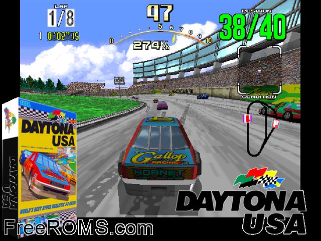 Daytona USA (Japan) MAME game showing 3D box cover and gameplay screenshot