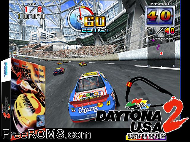 Daytona USA 2 MAME game showing 3D box cover and gameplay screenshot