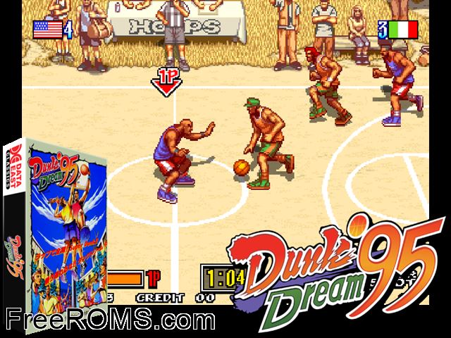 Dunk Dream '95 (Japan 1.4 EAM) MAME game showing 3D box cover and gameplay screenshot