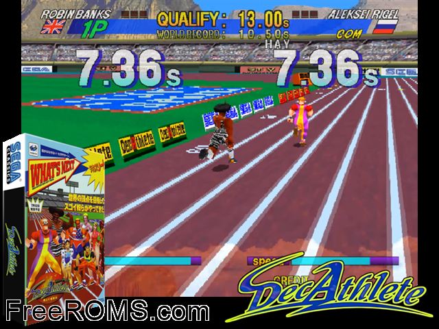 Decathlete (JUET 960424 V1.000) MAME game showing 3D box cover and gameplay screenshot