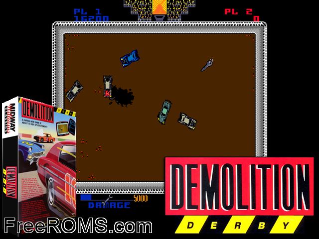 Demolition Derby MAME game showing 3D box cover and gameplay screenshot
