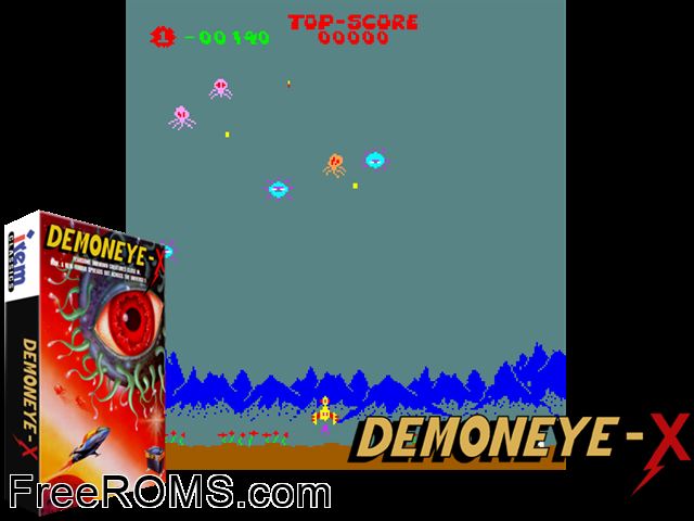 Demoneye-X MAME game showing 3D box cover and gameplay screenshot