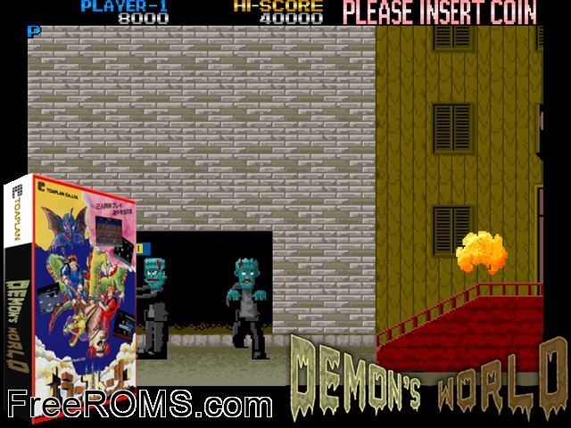 Demon's World / Horror Story (Taito license) MAME game showing 3D box cover and gameplay screenshot