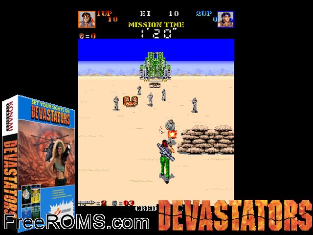 Devastators (ver. Z) MAME game showing 3D box cover and gameplay screenshot