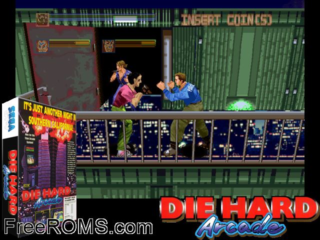 Die Hard Arcade (UET 960515 V1.000) MAME game showing 3D box cover and gameplay screenshot