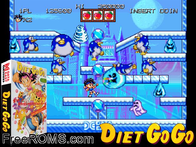 Diet Go Go (Japan v1.1 1992.09.26) MAME game showing 3D box cover and gameplay screenshot
