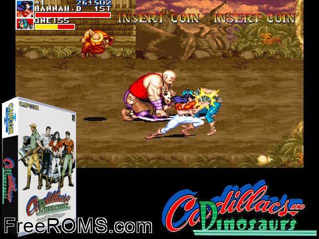 Cadillacs and Dinosaurs (World 930201) MAME game showing 3D box cover and gameplay screenshot