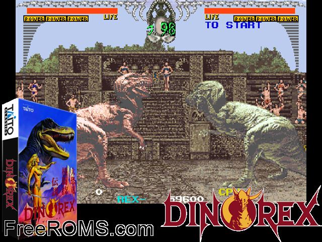 Dino Rex (World) MAME game showing 3D box cover and gameplay screenshot