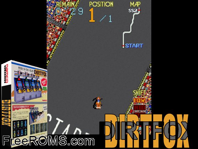 Dirt Fox (Japan) MAME game showing 3D box cover and gameplay screenshot