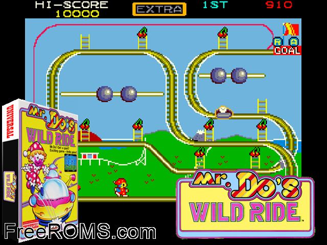 Mr. Do's Wild Ride MAME game showing 3D box cover and gameplay screenshot