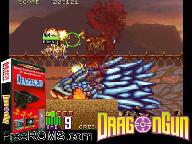 Dragon Gun (US) MAME game showing 3D box cover and gameplay screenshot