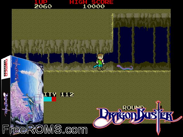 Dragon Buster MAME game showing 3D box cover and gameplay screenshot
