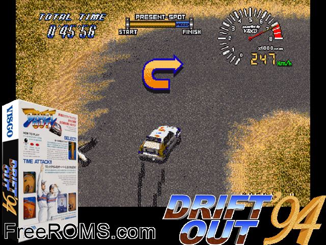 Drift Out '94 - The Hard Order (Japan) MAME game showing 3D box cover and gameplay screenshot