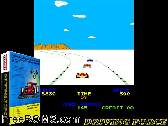 Driving Force (Galaxian conversion bootleg) MAME game showing 3D box cover and gameplay screenshot