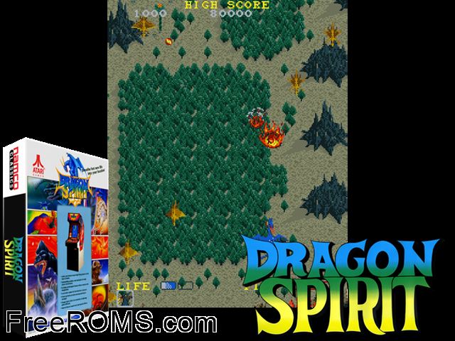 Dragon Spirit (old version) MAME game showing 3D box cover and gameplay screenshot