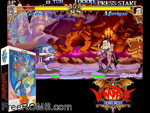 Darkstalkers: The Night Warriors (Euro 940705) MAME game showing 3D box cover and gameplay screenshot