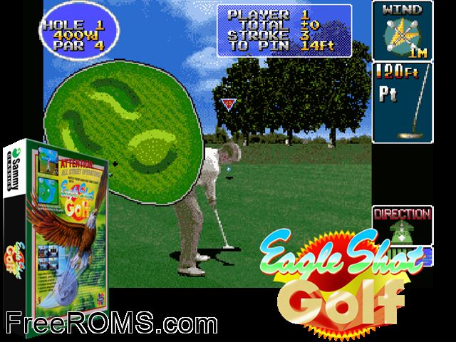 Eagle Shot Golf MAME game showing 3D box cover and gameplay screenshot