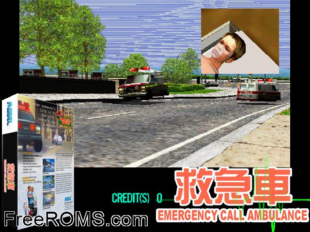 Emergency Call Ambulance MAME game showing 3D box cover and gameplay screenshot