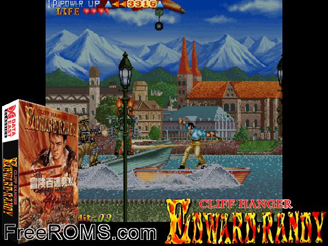 The Cliffhanger - Edward Randy (World revision 1) MAME game showing 3D box cover and gameplay screenshot