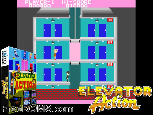 Elevator Action (bootleg) MAME game showing 3D box cover and gameplay screenshot