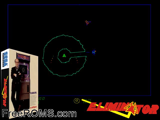 Eliminator (2 Players, cocktail) MAME game showing 3D box cover and gameplay screenshot