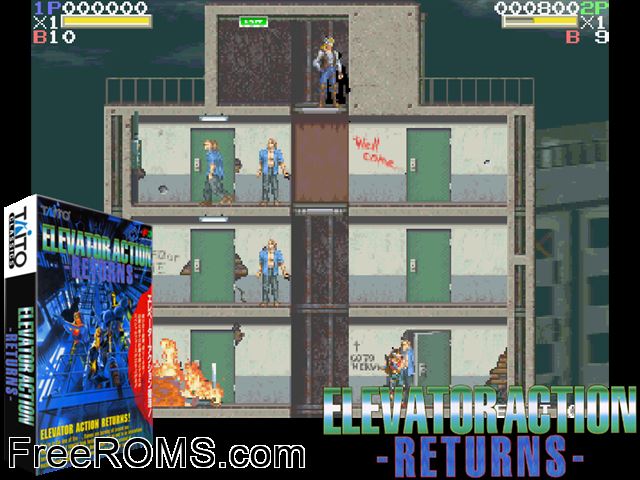 Elevator Action II (Ver 2.2A 1995/02/20) MAME game showing 3D box cover and gameplay screenshot