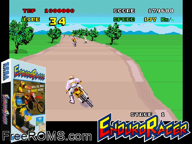 Enduro Racer (bootleg set 1) MAME game showing 3D box cover and gameplay screenshot