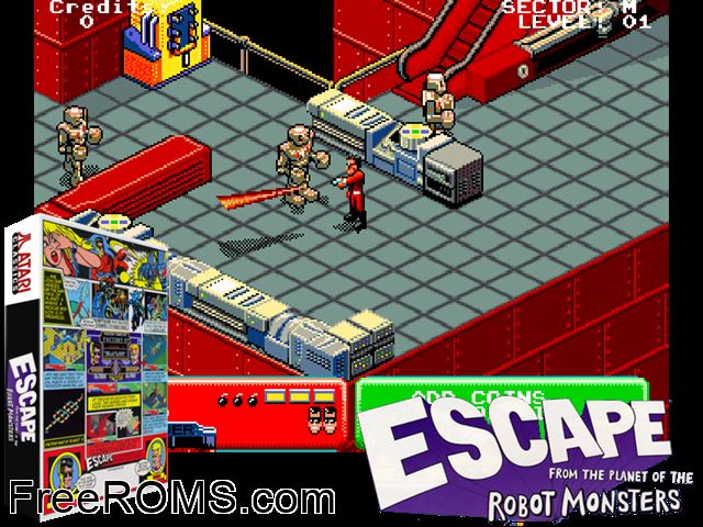 Escape from the Planet of the Robot Monsters (set 2) MAME game showing 3D box cover and gameplay screenshot