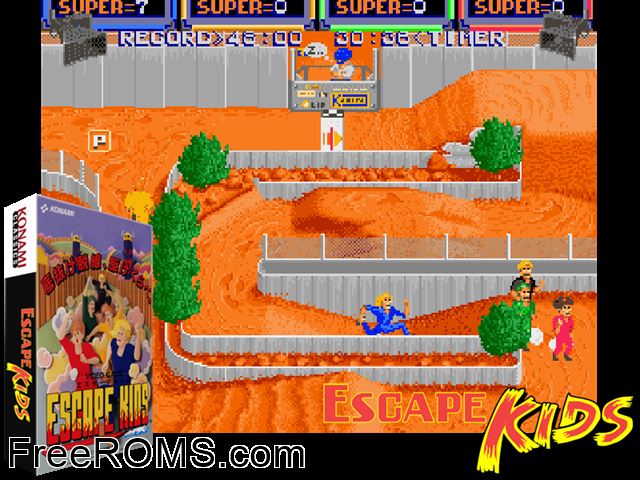 Escape Kids (Asia, 4 Players) MAME game showing 3D box cover and gameplay screenshot