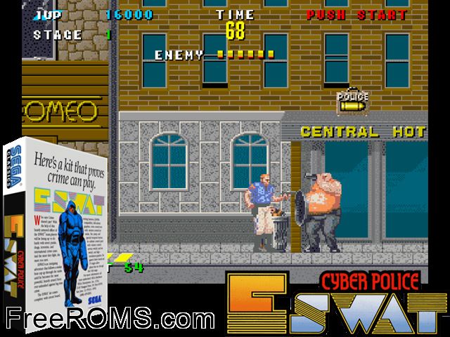 E-Swat - Cyber Police (bootleg) MAME game showing 3D box cover and gameplay screenshot