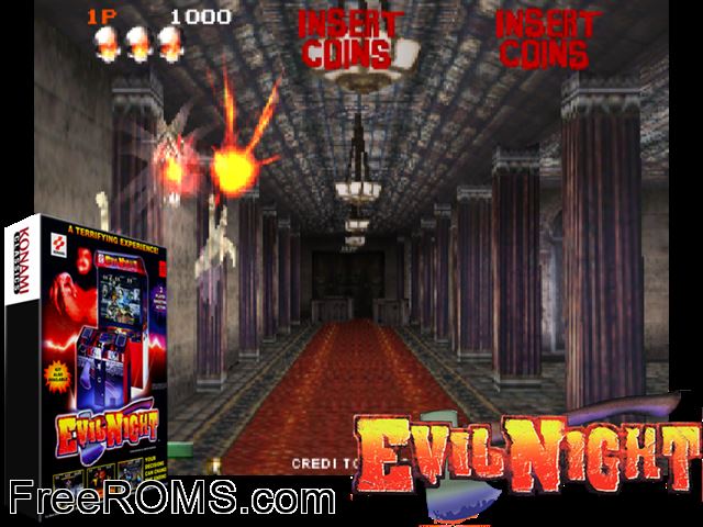 Evil Night (ver EAA) MAME game showing 3D box cover and gameplay screenshot