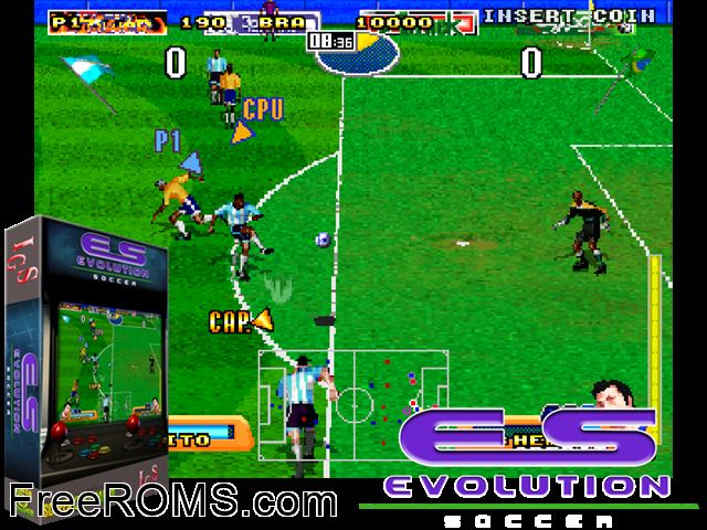 Evolution Soccer MAME game showing 3D box cover and gameplay screenshot