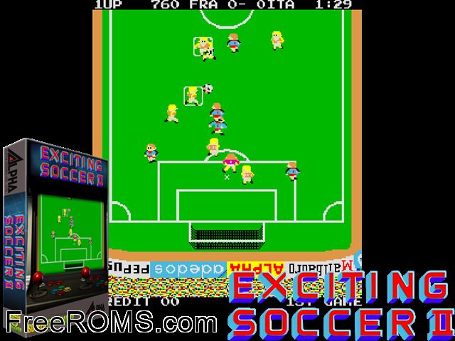 Exciting Soccer II MAME game showing 3D box cover and gameplay screenshot
