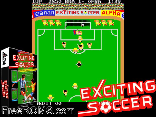 Exciting Soccer (alternate music) MAME game showing 3D box cover and gameplay screenshot