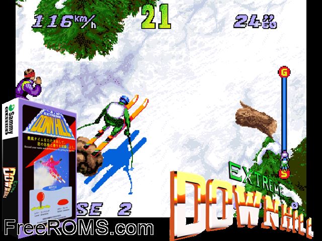 Extreme Downhill (v1.5) MAME game showing 3D box cover and gameplay screenshot