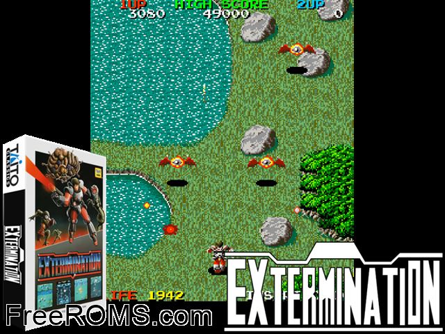 Extermination (US) MAME game showing 3D box cover and gameplay screenshot