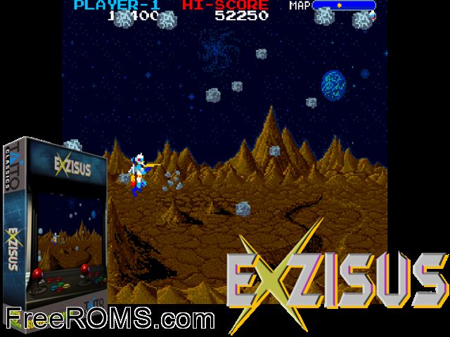 Exzisus (Japan) MAME game showing 3D box cover and gameplay screenshot