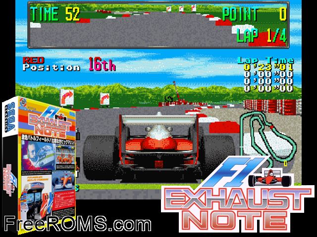 F1 Exhaust Note MAME game showing 3D box cover and gameplay screenshot