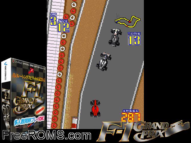 F-1 Grand Prix MAME game showing 3D box cover and gameplay screenshot