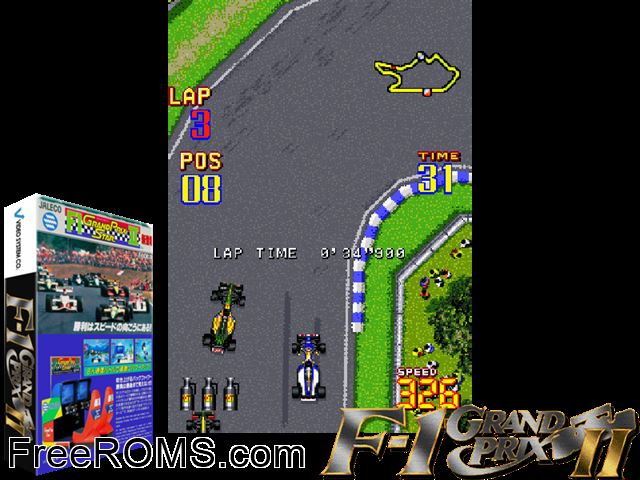 F-1 Grand Prix Part II MAME game showing 3D box cover and gameplay screenshot