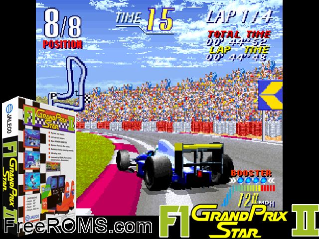 F-1 Grand Prix Star II MAME game showing 3D box cover and gameplay screenshot