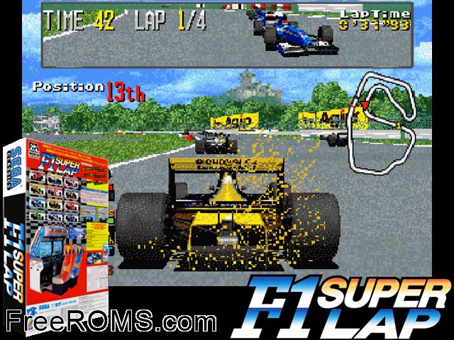 F1 Super Lap MAME game showing 3D box cover and gameplay screenshot
