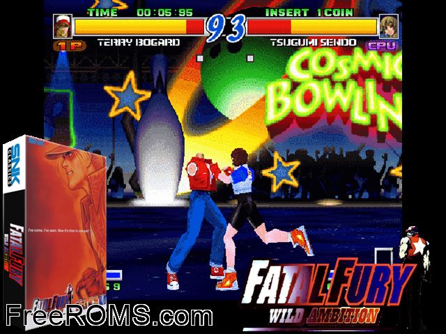 Fatal Fury: Wild Ambition (rev.A) MAME game showing 3D box cover and gameplay screenshot