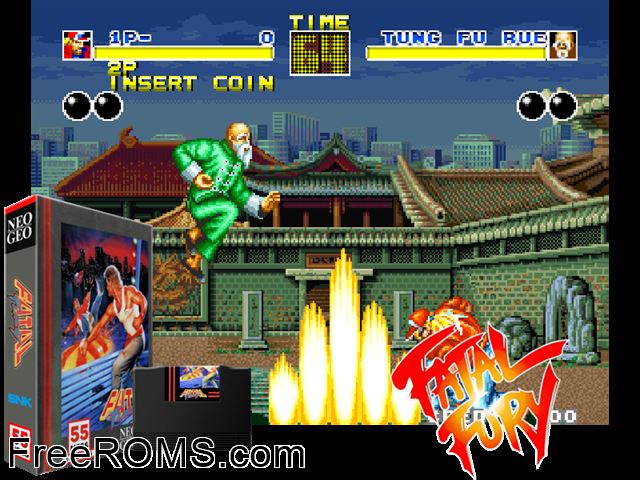 Fatal Fury - King of Fighters / Garou Densetsu - shukumei no tatakai MAME game showing 3D box cover and gameplay screenshot